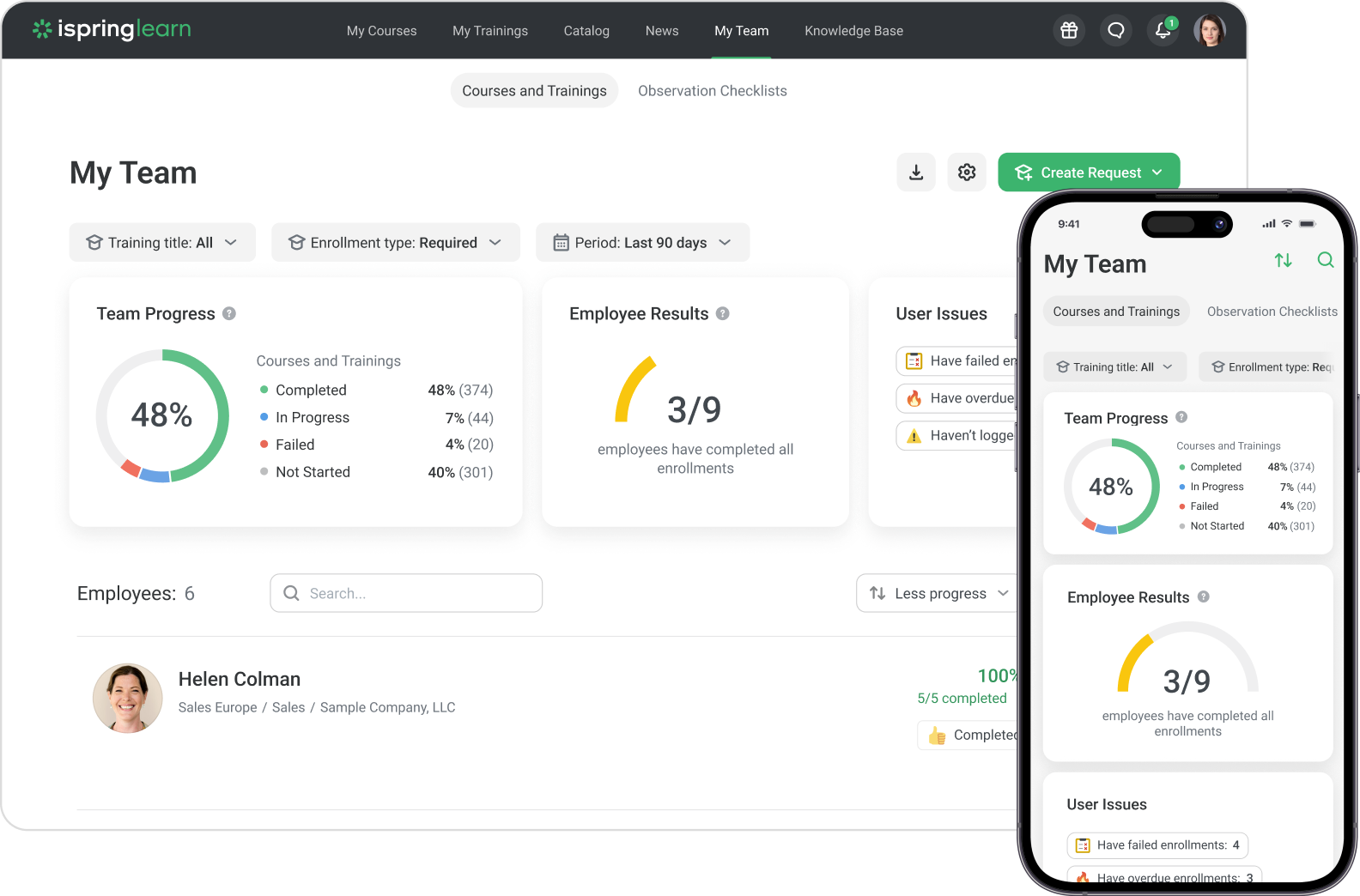 Dashboard of the iSpring Learn training platform